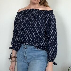 BeachLunchLounge Smocked Off Shoulder Navy Pattern Shirt XS oversized